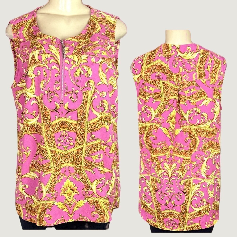 Cathy Daniels Pink Gold Baroque Scroll Sleeveless Half Zip Neckline Blouse Large